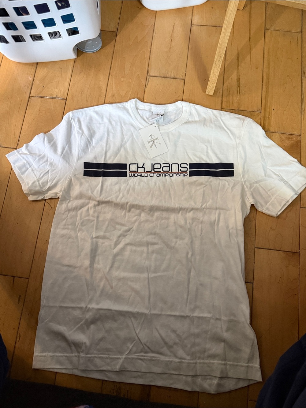 Calvin Klein Jeans White Short-Sleeve Logo Tee with Navy Stripes